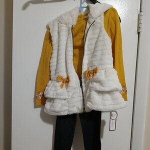 Little Lass 3 PC White Faux Fur Vest/Yellow L/Sleeve Shirt/Navy Denim Legging 5
